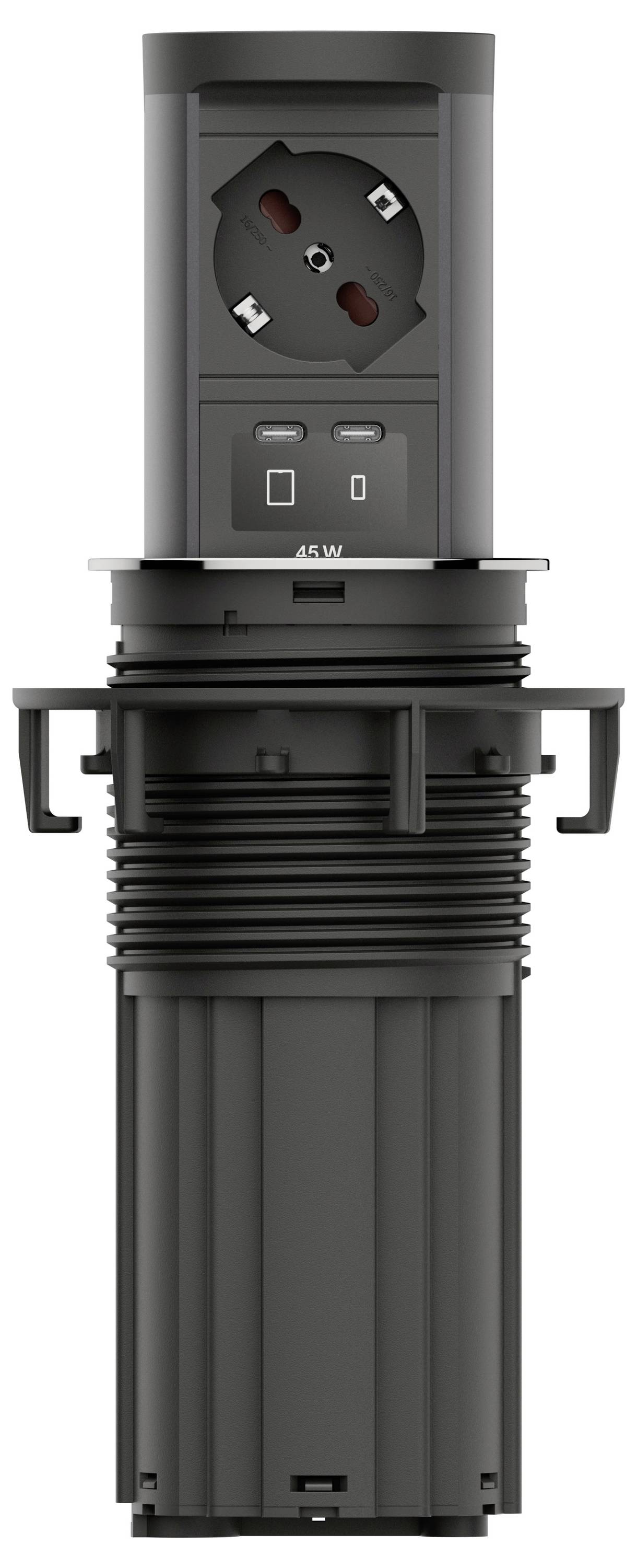 Unité de prise de courant électrique extérieure noire avec deux prises et une base cylindrique étanche, étiquetée 45W.