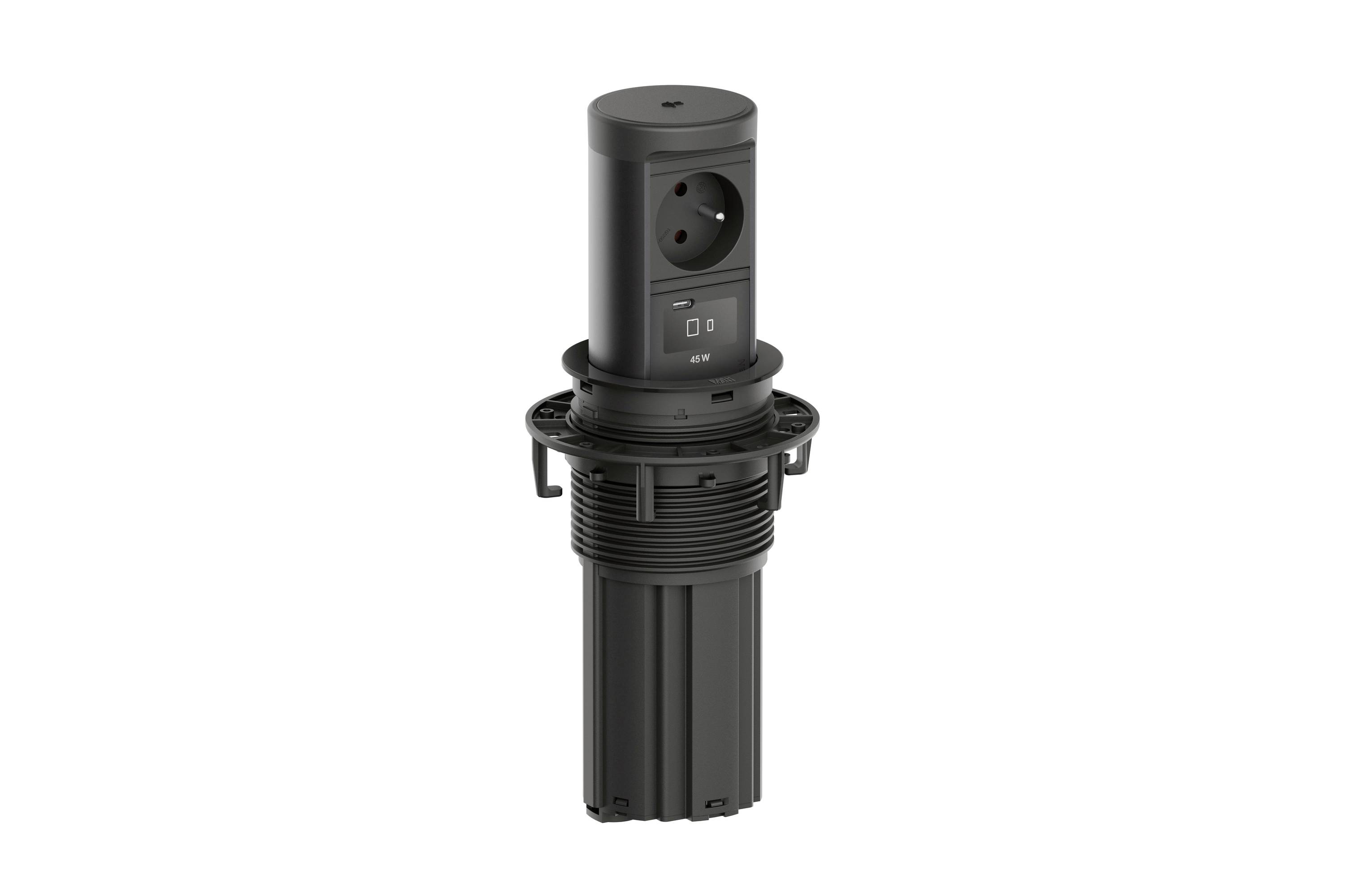 Dispositif électronique cylindrique noir avec une ouverture de capteur circulaire et un petit écran, monté sur une base nervurée sur un fond blanc