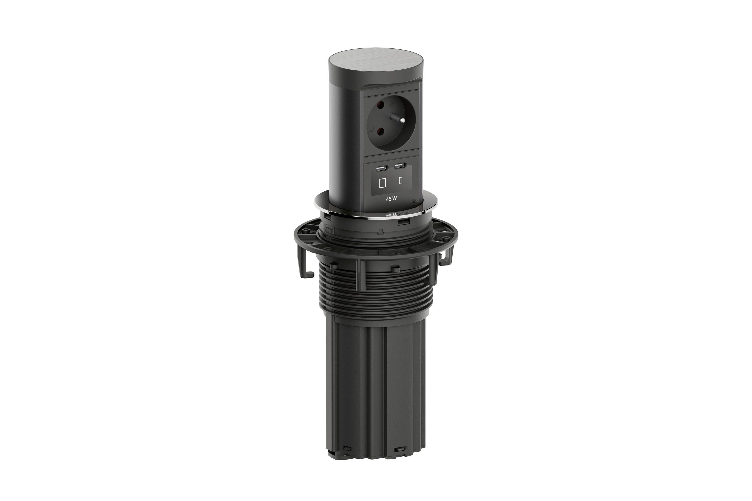 Prise de jardin rétractable cylindrique noire avec une prise de courant et des ports USB, présentée verticalement sur un fond blanc.