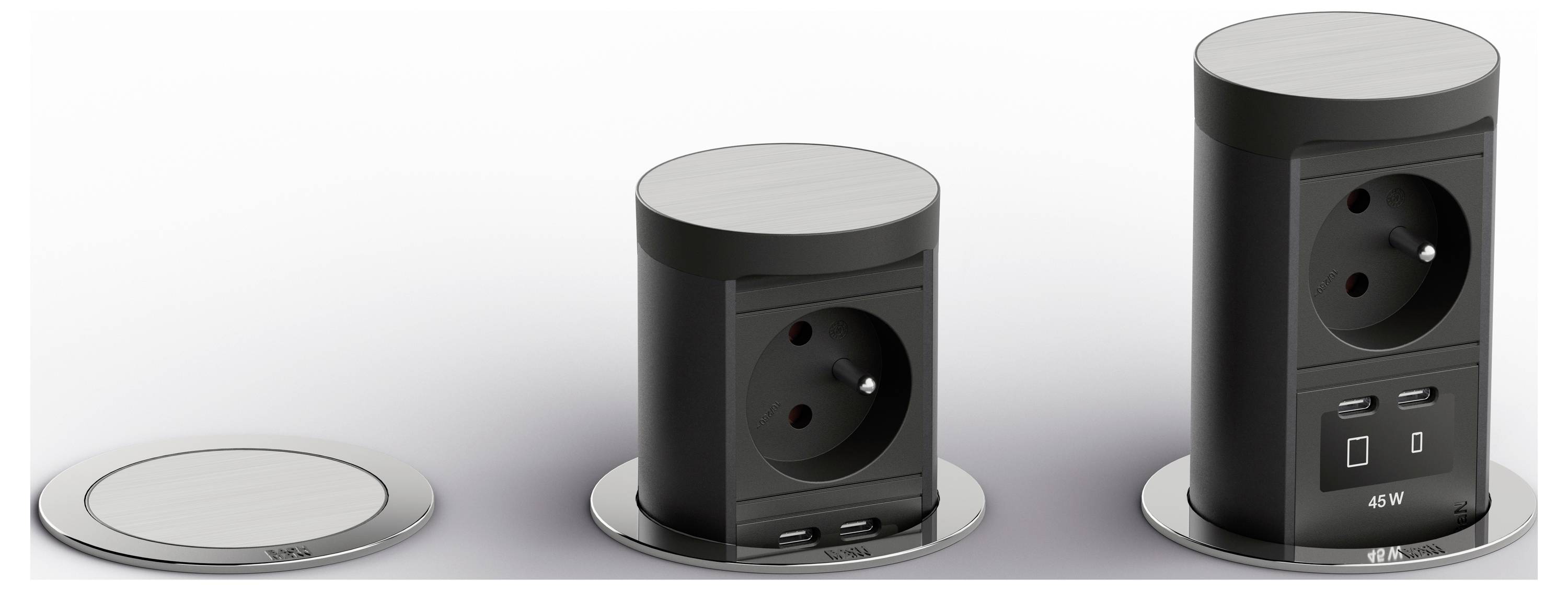 Trois vues d'une tour de prise de courant noire compacte de forme cylindrique avec une base ronde : fermée, partiellement relevée et complètement dépliée avec ports de prise et USB.
