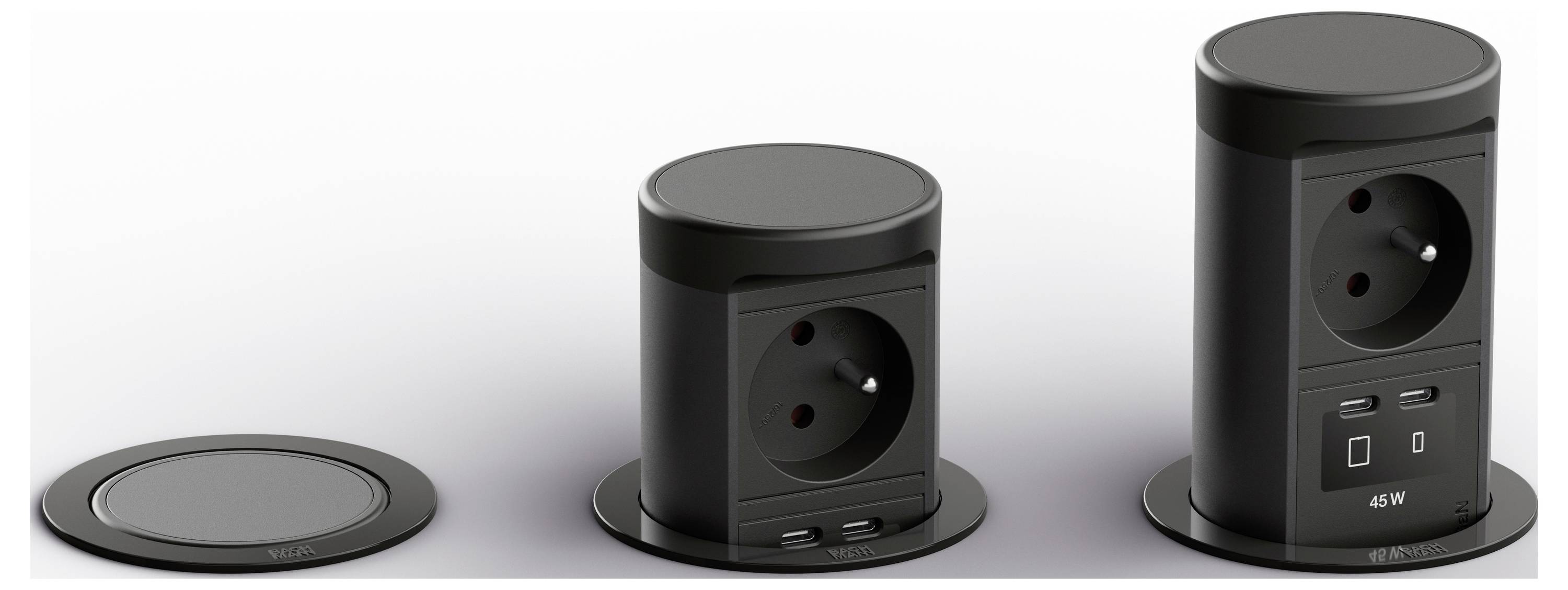 Trois vues d'une tour de prise de courant cylindrique noire avec prise européenne, deux ports USB et un interrupteur d'alimentation, présentées sur un fond blanc.