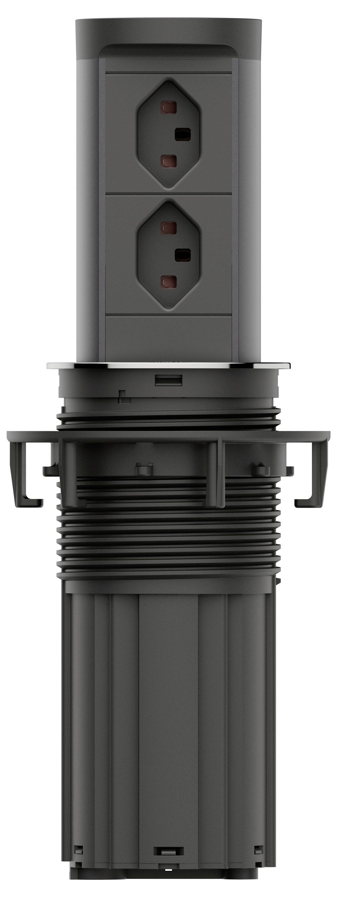 Une tour de prise de courant rétractable noire avec deux prises duplex sur la section supérieure surélevée et une base cylindrique cannelée pour installation sur le comptoir.