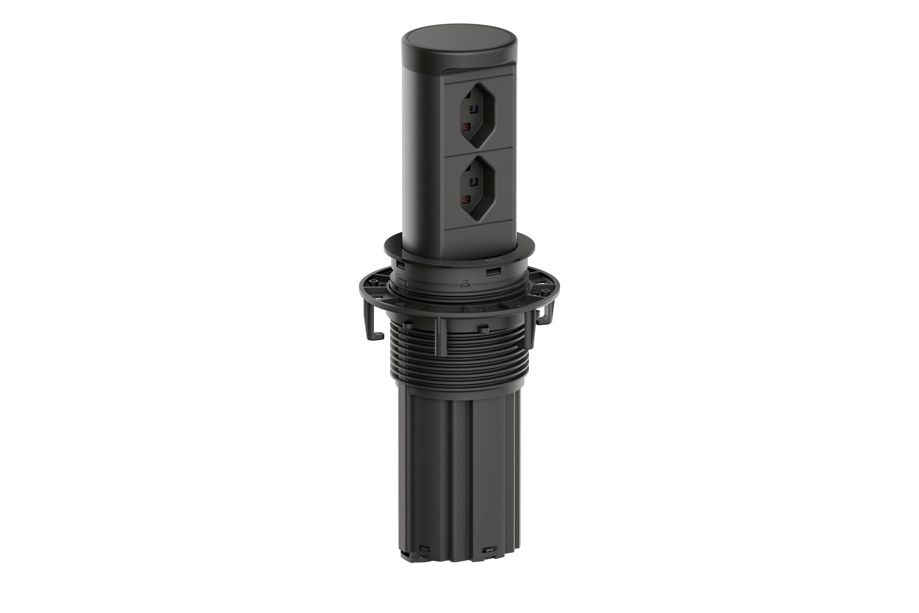 Prise de courant pop-up cylindrique noire avec deux prises AC, présentée sur fond blanc.