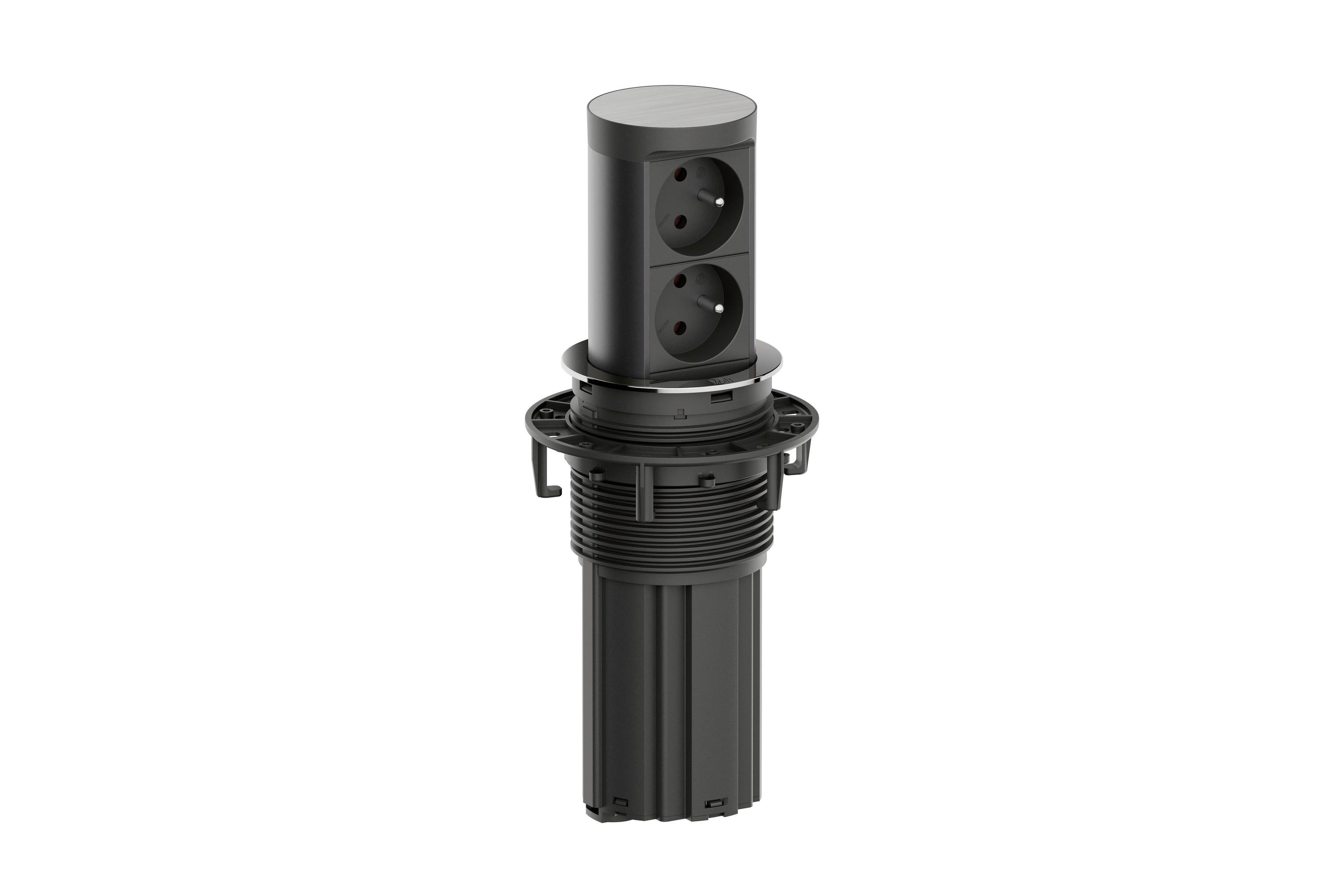 Poteau de prise de courant cylindrique noir avec deux prises européennes verticales, présenté sur un fond blanc.