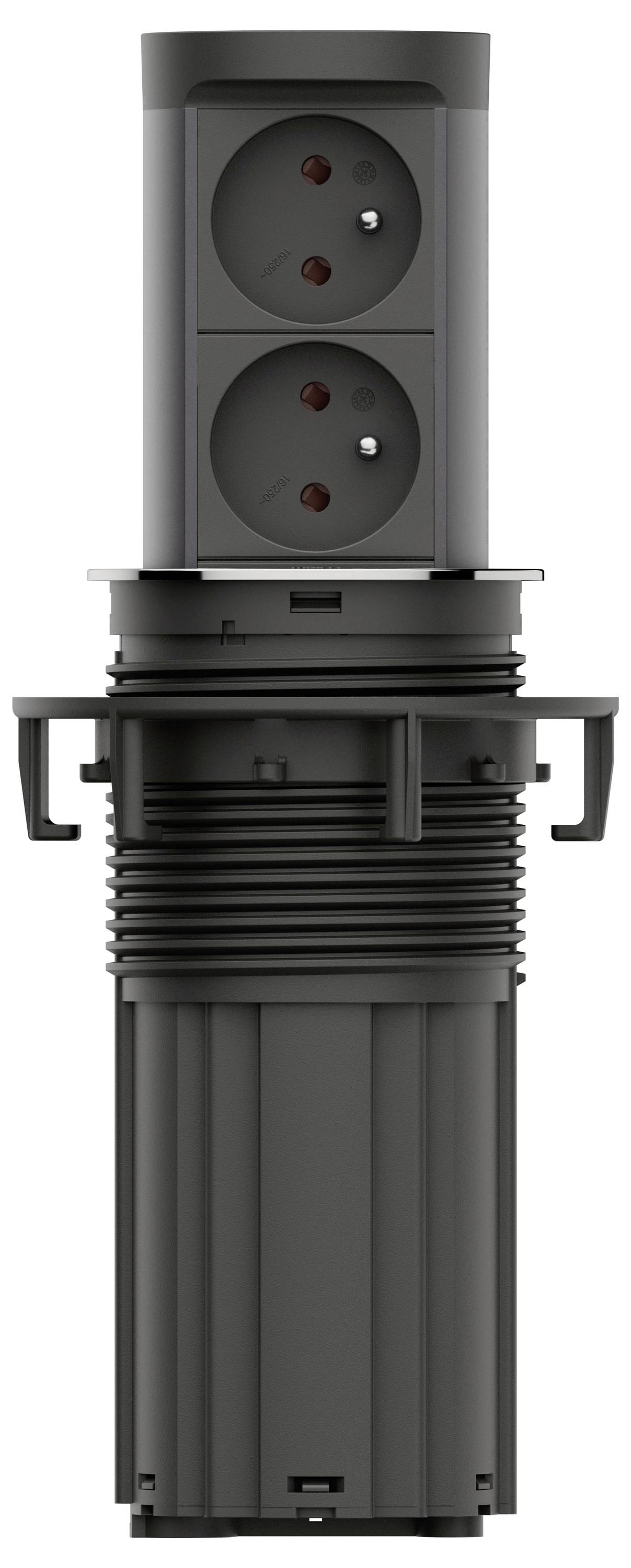 Gros plan d'un connecteur électrique cylindrique noir avec deux prises rondes empilées et des languettes de verrouillage latérales.