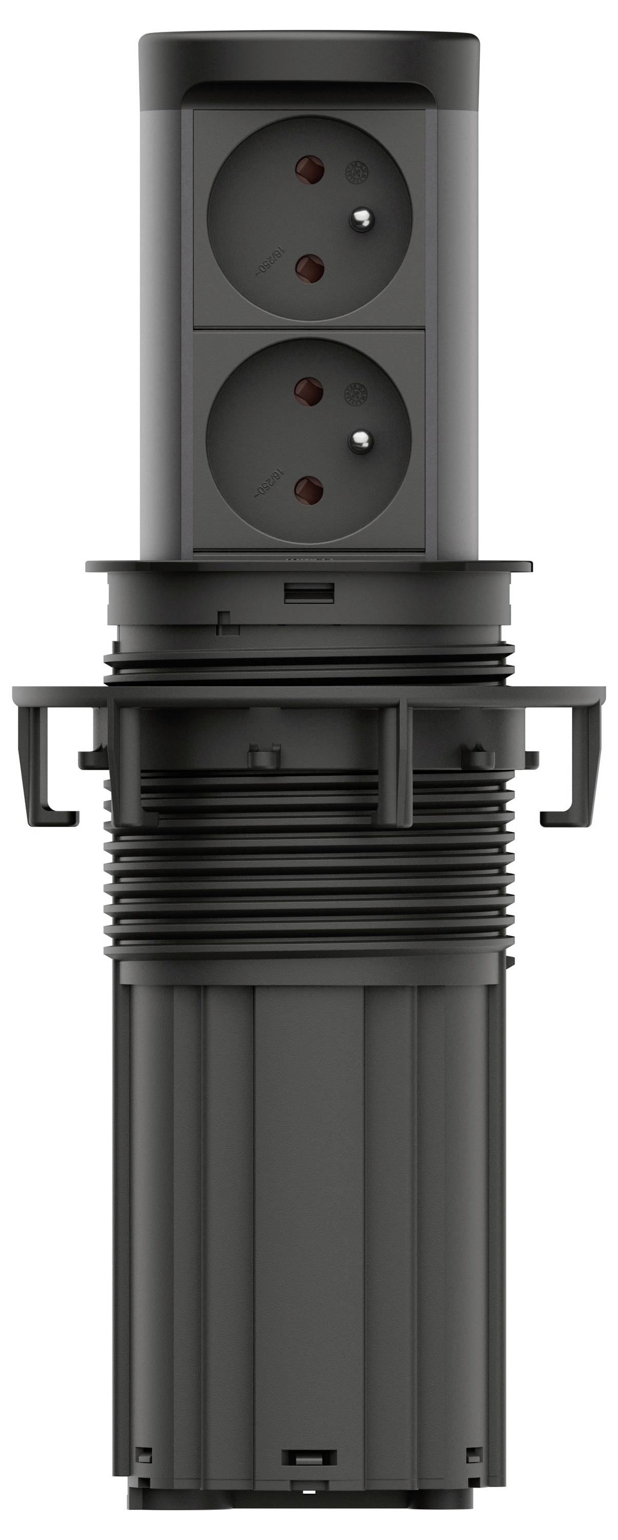 Unité de prise électrique ou de socle cylindrique noir avec deux réceptacles de style européen ronds dans un boîtier vertical.
