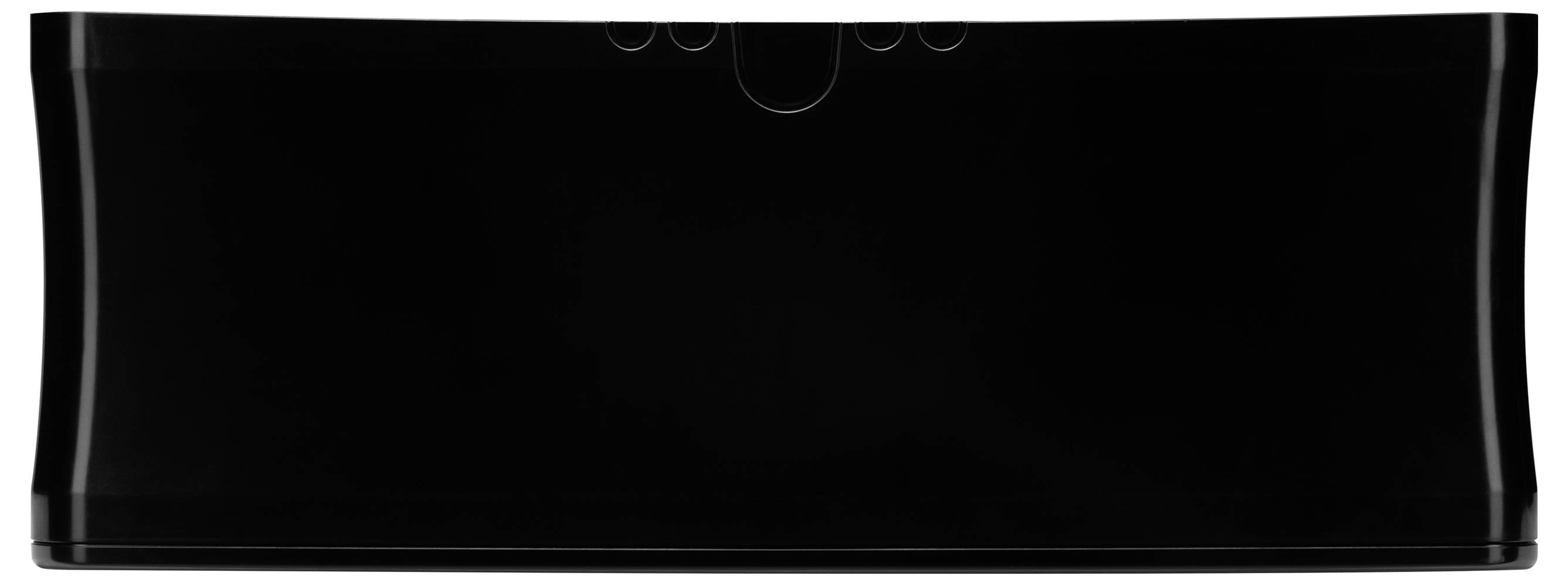 Un emballage ou une boîte de produit rectangulaire noire avec des bords légèrement arrondis et une petite encoche semicirculaire au centre du haut.