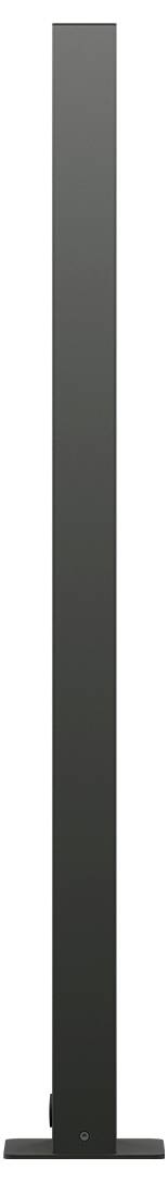Une barre verticale gris foncé de grande taille ou un support avec une base plate, montré au centre d'un fond blanc.