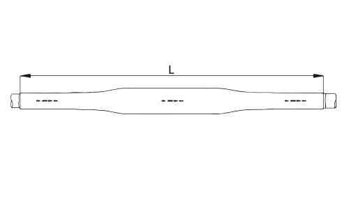 Dessin technique d'une tige cylindrique effilée étiquetée « L » en haut, montrant la longueur totale avec des pointes de flèche à chaque extrémité.