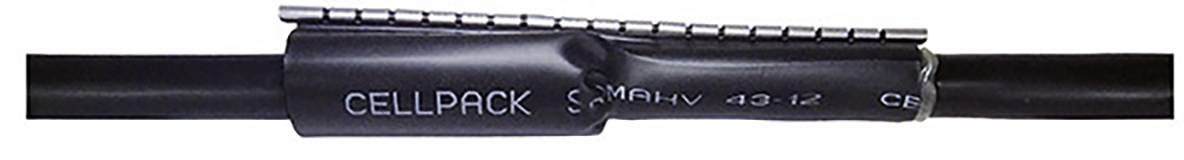 Tuyau isolé noir étiqueté CELLPACK SPMV 45-12 avec un manchon d'épissure/connecteur central monté sur un câble horizontal.