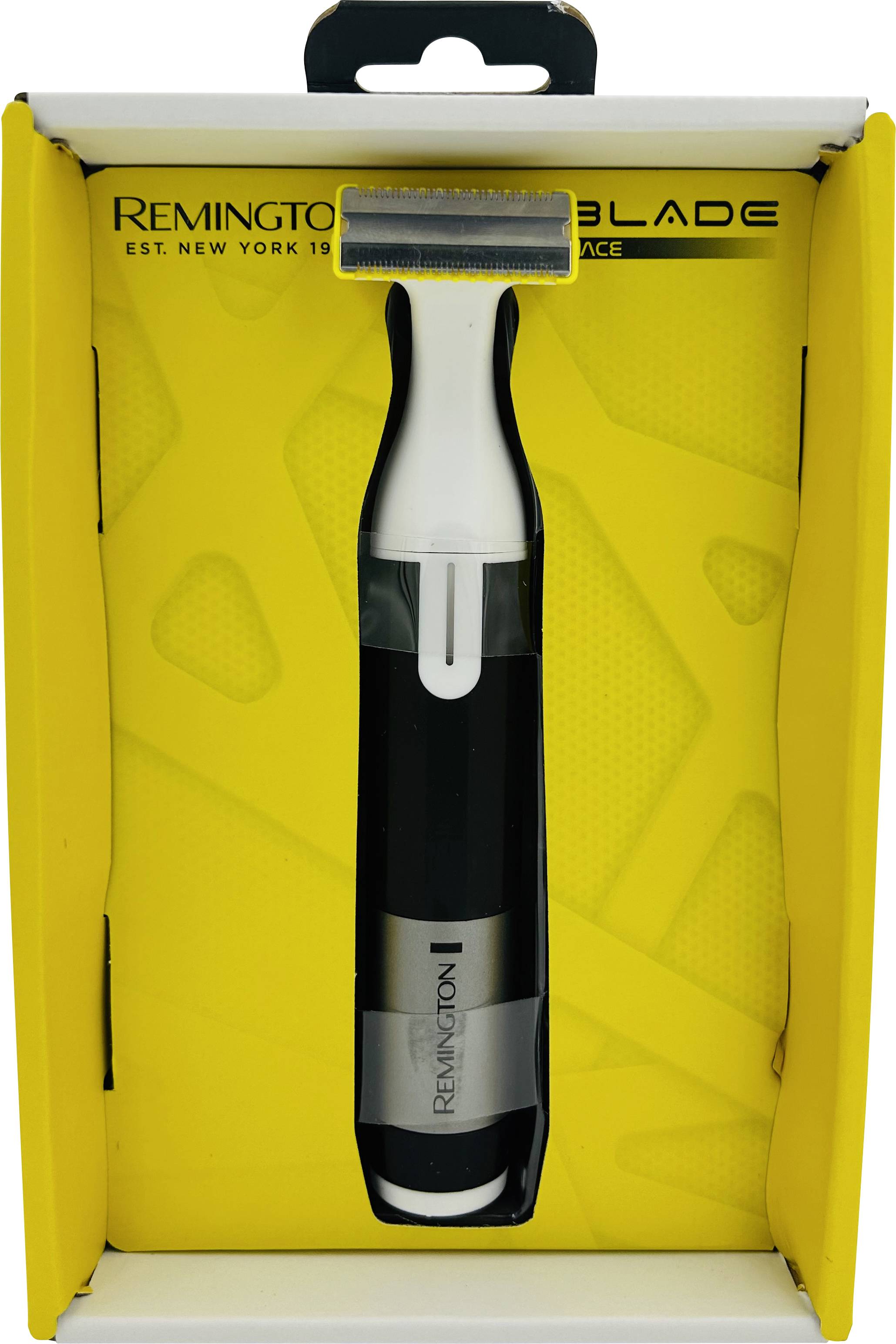 Rasoir électrique Remington dans un emballage de vente jaune avec une fenêtre frontale transparente, centré et présenté verticalement.