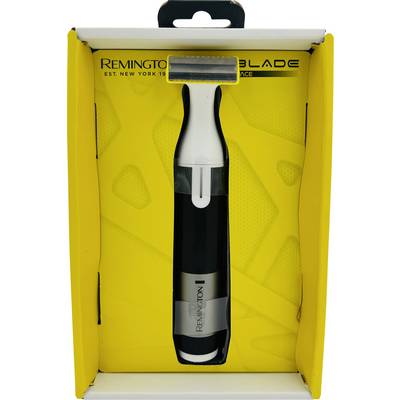 Rasoir électrique Remington dans un emballage de vente jaune avec une fenêtre frontale transparente, centré et présenté verticalement.