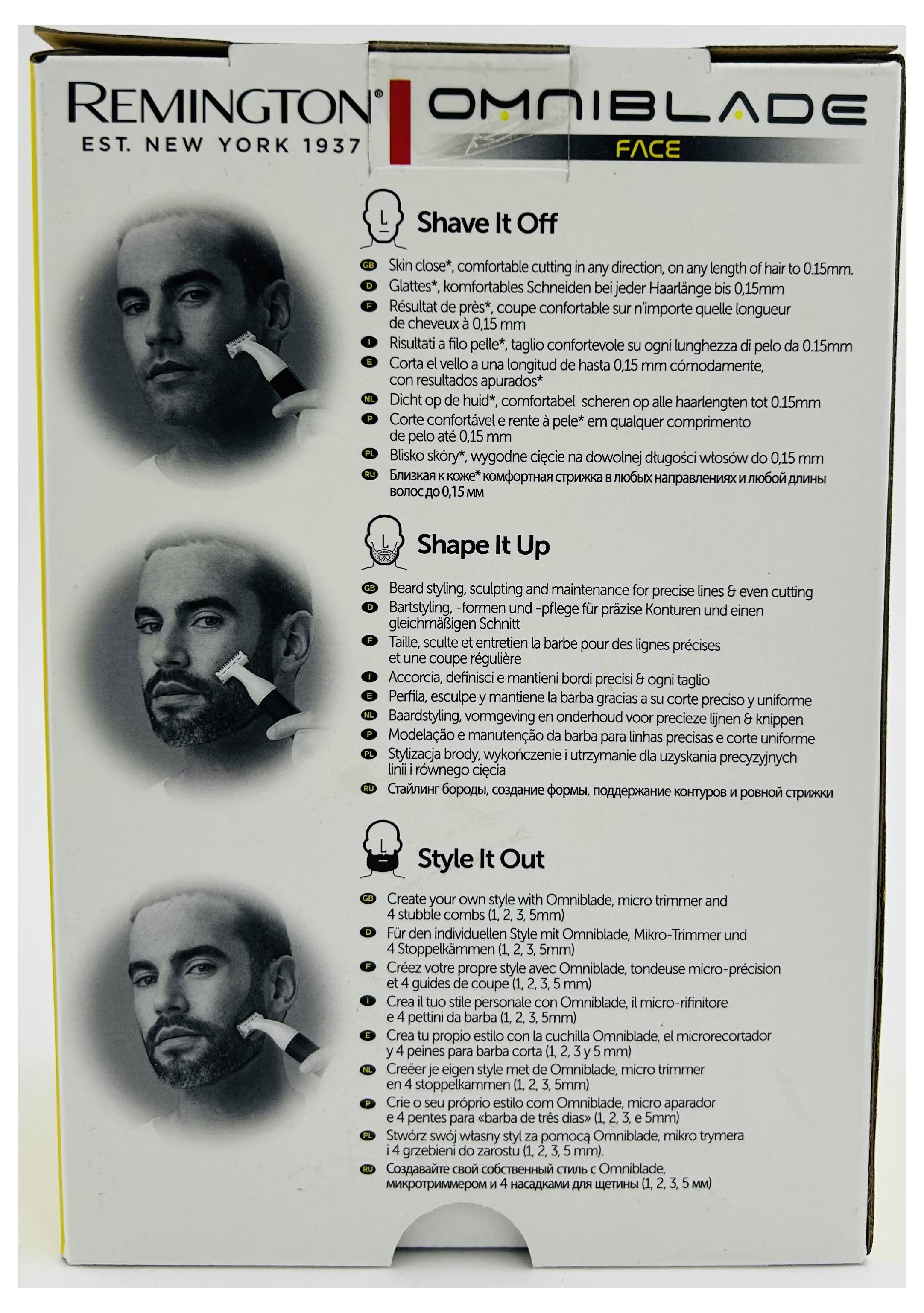 Avant d'une boîte de rasoir facial Remington OmniBlade montrant trois modes d'utilisation : « Shave It Off », « Shape It Up », et « Style It Out », avec des images de produits et du texte de fonctionnalités multilingues.