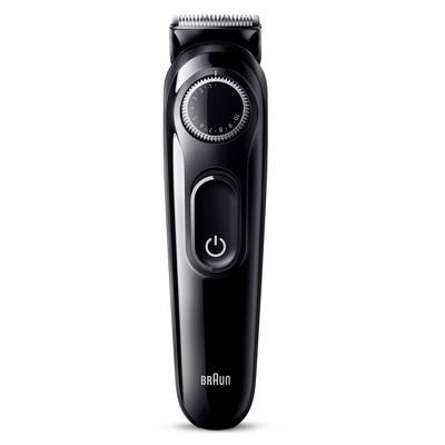 Tondeuse électrique Black Braun avec cadran de longueur ajustable et bouton d'alimentation, présentée sur un fond blanc.
