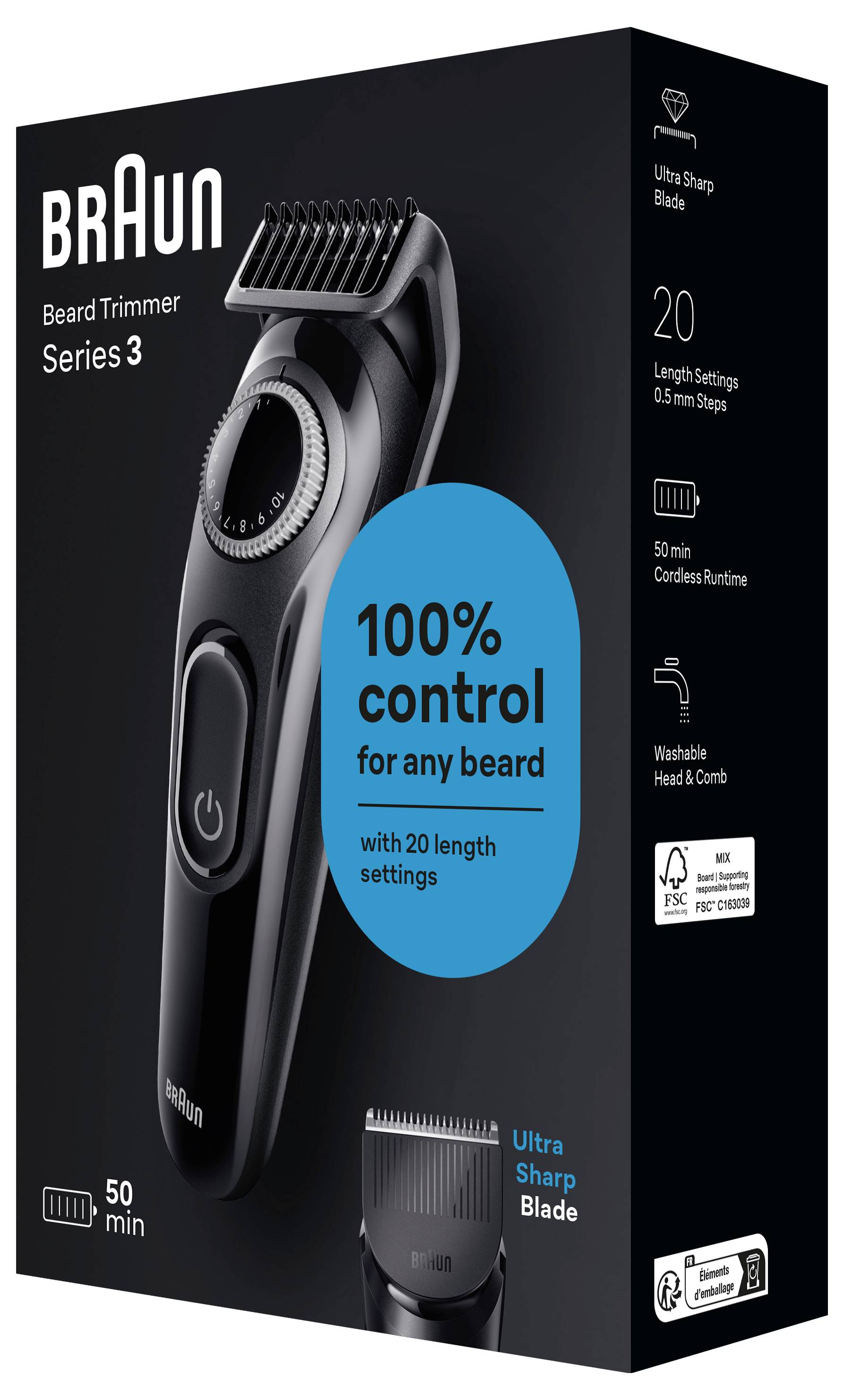 Boîte du Tondeuse à Barbe Braun Série 3 montrant la tondeuse, étiquetée « 100% de contrôle pour n'importe quelle barbe » avec 20 réglages de longueur, 50 minutes d'autonomie sans fil et tête et peigne lavables.