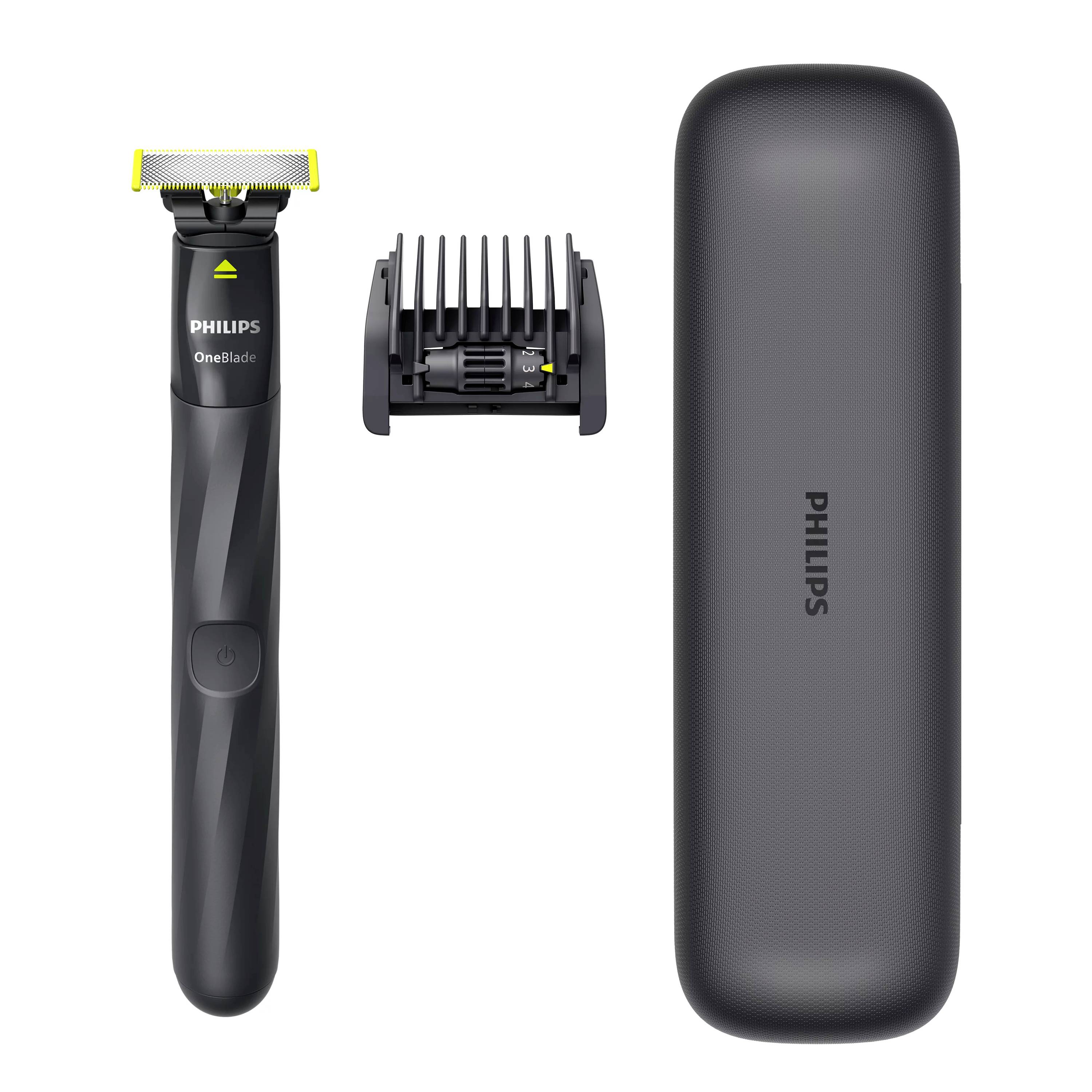 Tondeuse électrique Philips OneBlade avec lame, accessoire peigne et étui de voyage sur fond blanc.