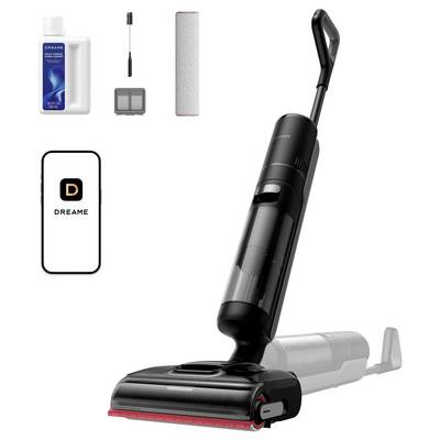 Aspirateur-balai sans fil Dreame avec fonction humide et sèche, accessoires de station d'accueil et filtre, présenté avec un écran d'application smartphone sur un fond blanc.