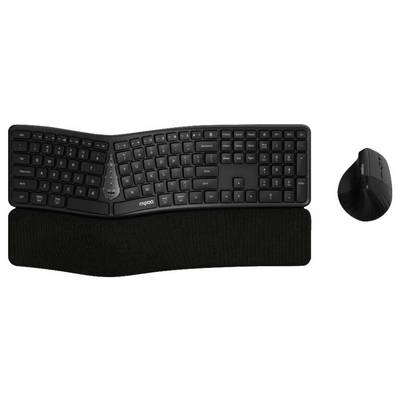 Clavier ergonomique noir divisé avec repose-poignet et une souris sans fil noire assortie sur fond blanc.