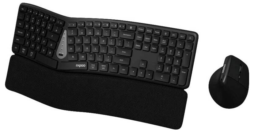 Clavier ergonomique sans fil avec disposition fractionnée, repose-poignet rembourré et souris noire assortie sur fond blanc.