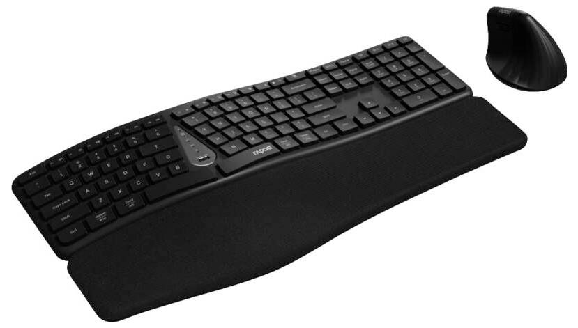 Clavier ergonomique séparé noir avec repose-poignets intégré et souris séparée sur fond blanc.