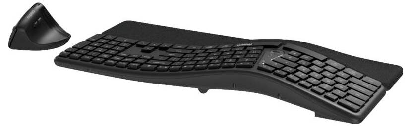 Clavier ergonomique divisé avec un pavé d'entrée incliné séparé, conçu pour réduire la fatigue du poignet.