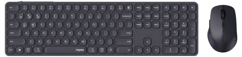 Clavier noir sans fil de taille réelle avec pavé numérique et souris assortie présentés côte à côte sur un fond blanc.