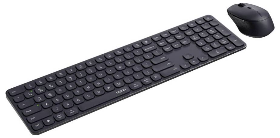 Ensemble de clavier et souris sans fil noir présenté sur un fond blanc.