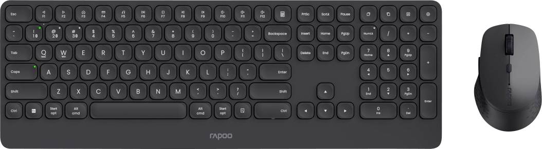 Ensemble de clavier et souris sans fil noirs présentés sur un fond blanc, avec le clavier à gauche et la souris à droite.
