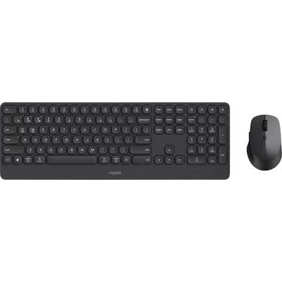 Ensemble de clavier et souris sans fil noirs présentés sur un fond blanc, avec le clavier à gauche et la souris à droite.