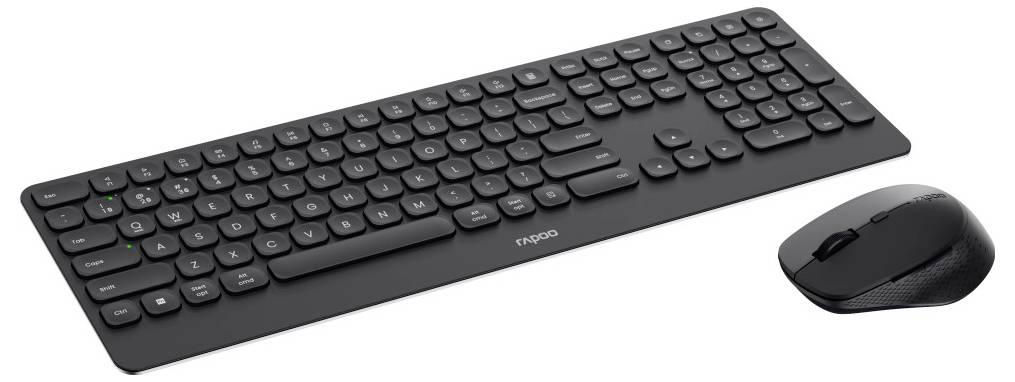 Ensemble de clavier et souris sans fil en noir, présenté sur un fond blanc.