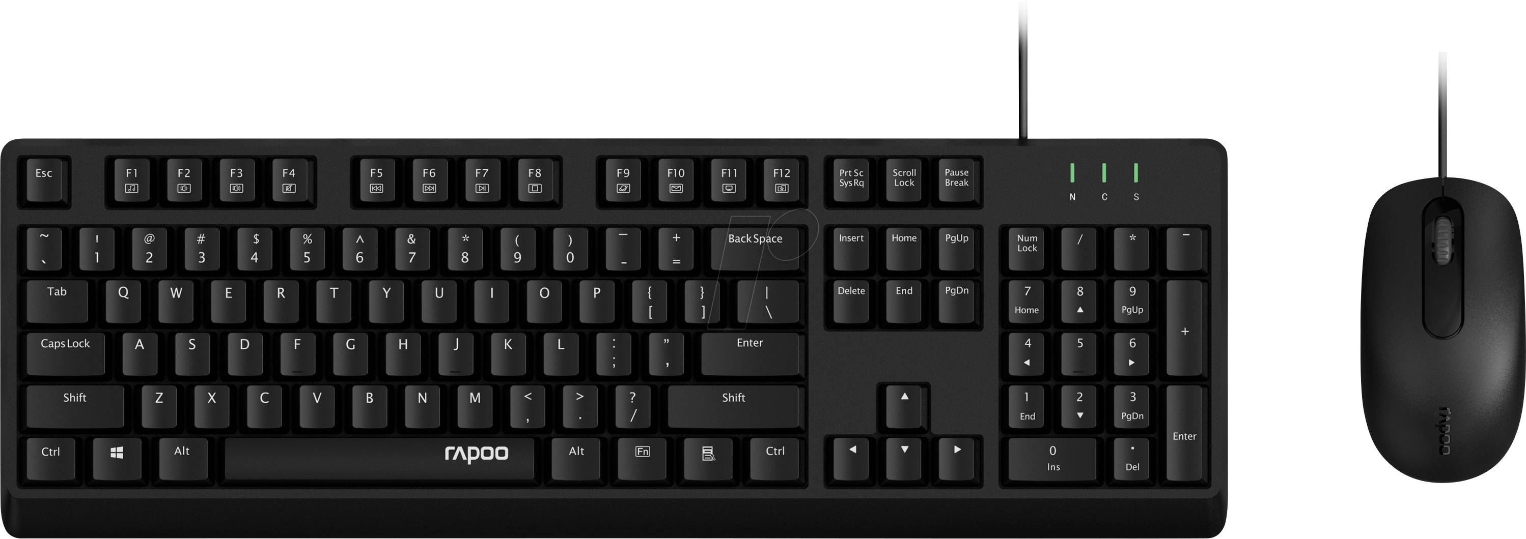 Clavier filaire Rapoo de taille normale noir avec pavé numérique et souris assortie, présentés côte à côte sur un fond blanc.