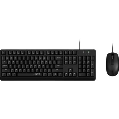 Clavier filaire Rapoo de taille normale noir avec pavé numérique et souris assortie, présentés côte à côte sur un fond blanc.