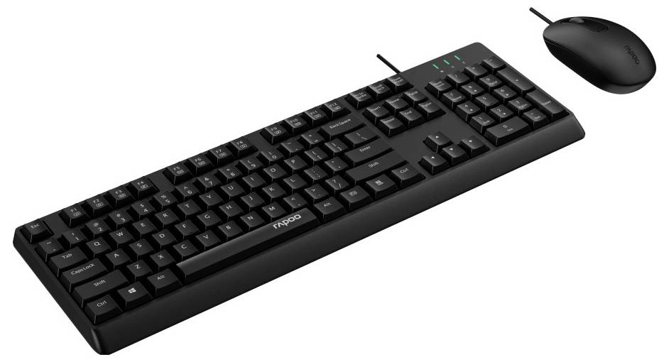 Ensemble clavier filaire noir et souris sur fond blanc, présenté dans une image de style produit.