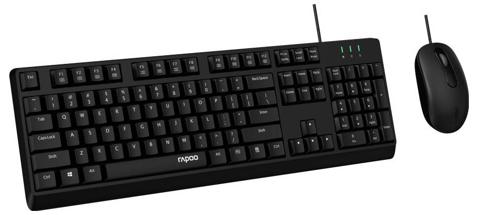 Ensemble clavier et souris filaires noirs avec pavé numérique présenté sur un fond blanc.