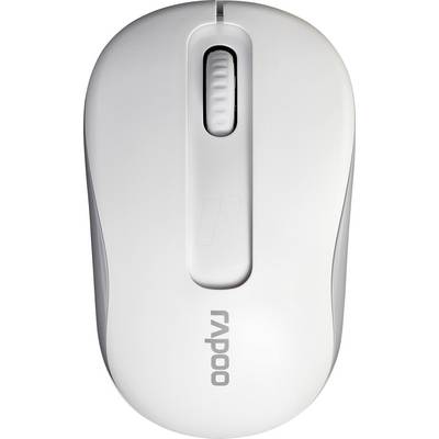 Souris d'ordinateur sans fil blanche Rapoo vue de dessus avec une molette de défilement centrale et un design courbe simple.