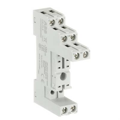Socle de prise de relais électrique blanc avec bornes à vis multiples et support de montage, présenté isolé sur un fond blanc.