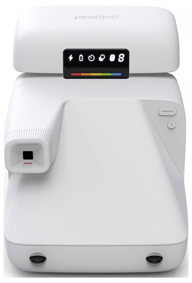 Appareil photo instantané Polaroid blanc avec viseur frontal, affichage d'état arc-en-ciel et objectif sur la gauche