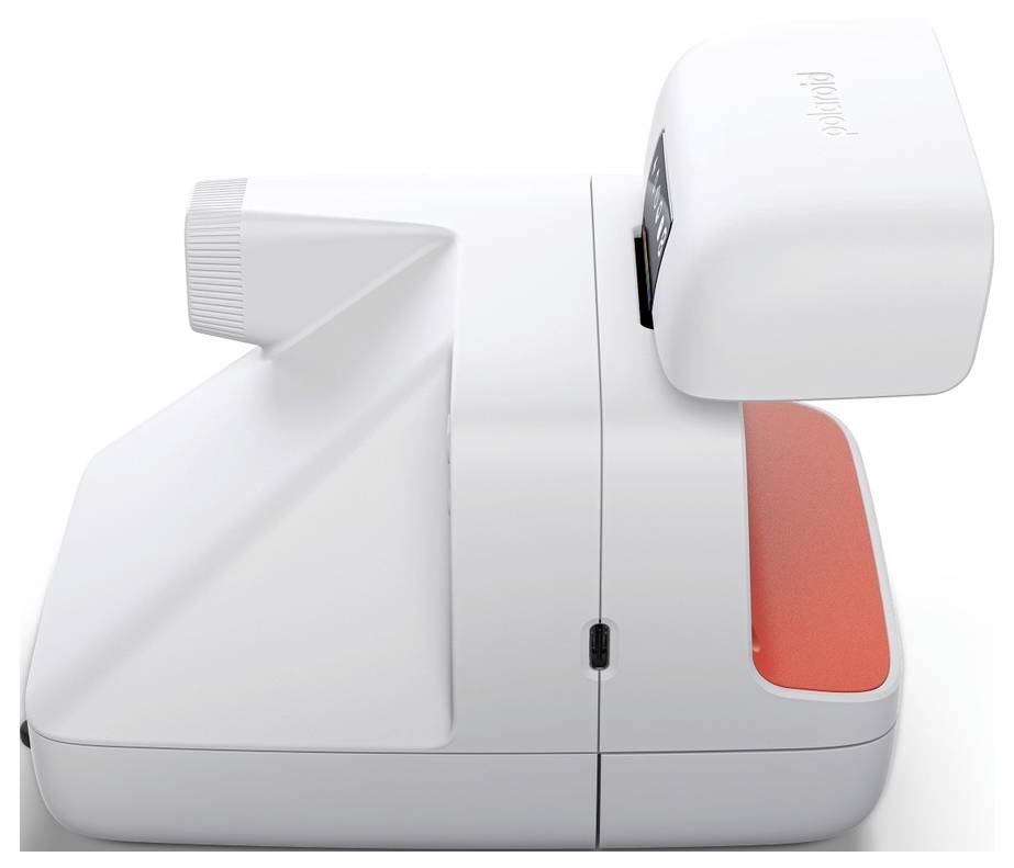 Vue latérale d'un appareil portable blanc avec un grand module supérieur incliné et un accent rouge sur le côté, présenté sur un fond neutre.