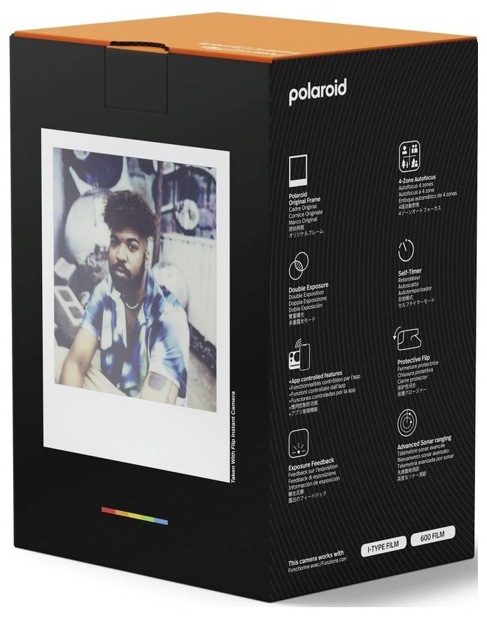 Boîte de film instantané Polaroid avec photo d'exemple sur la face avant et icônes de caractéristiques énumérant la double exposition, l'autominuteur et l'emballage de protection.