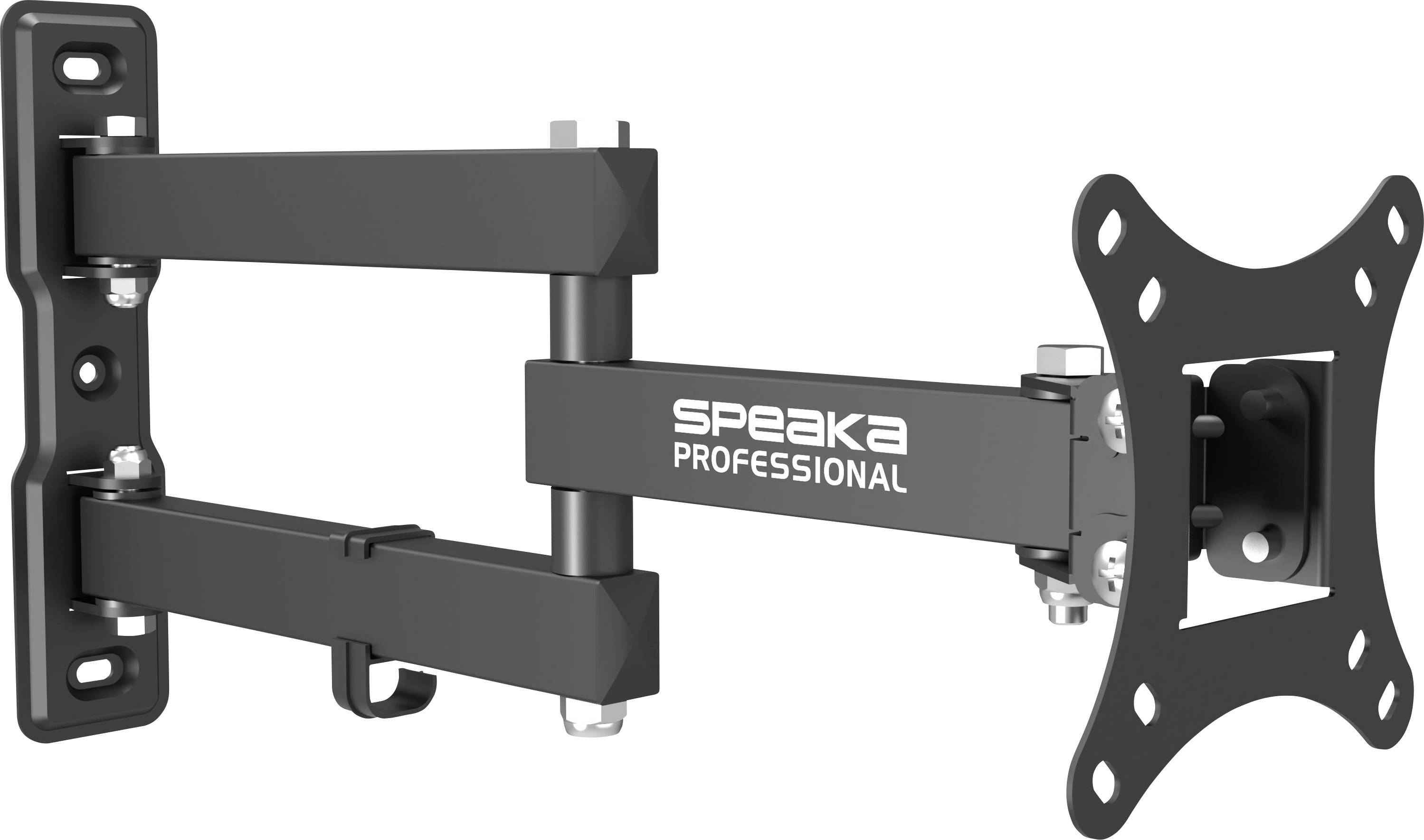 Support mural articulé et réglable pour téléviseur ou moniteur, montré en position étendue avec plaque de fixation VESA et marquage de marque « speaka professional ».