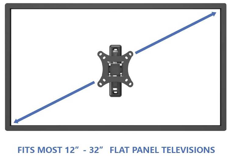 Illustration d'un support mural pour téléviseur centré sur un contour d'écran avec des flèches diagonales, étiqueté « Convient à la plupart des téléviseurs à écran plat de 12 à 32 pouces ».