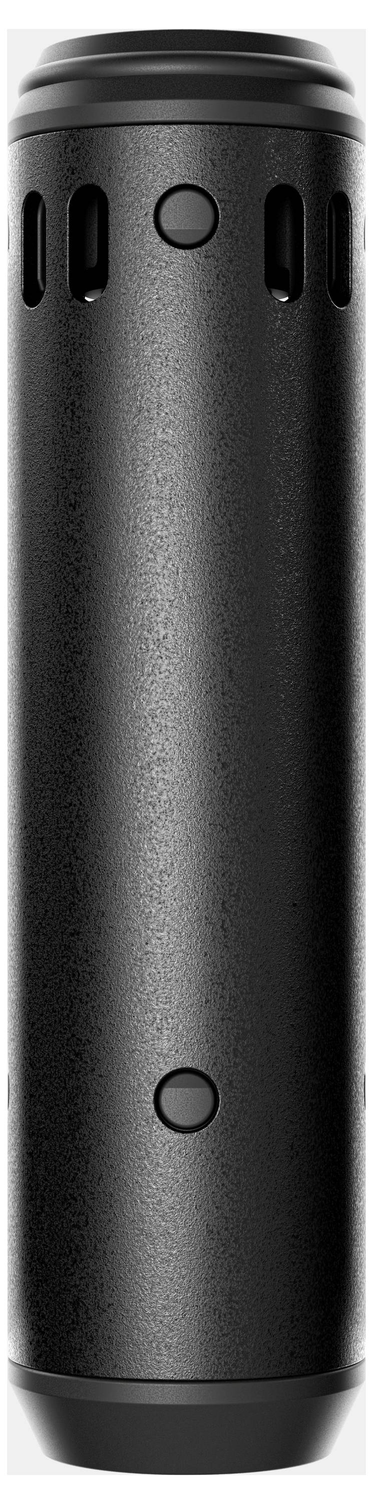 Haut-parleur portable cylindrique noir avec fentes latérales verticales et deux boutons de contrôle circulaires, présenté en vue de face sur fond blanc.