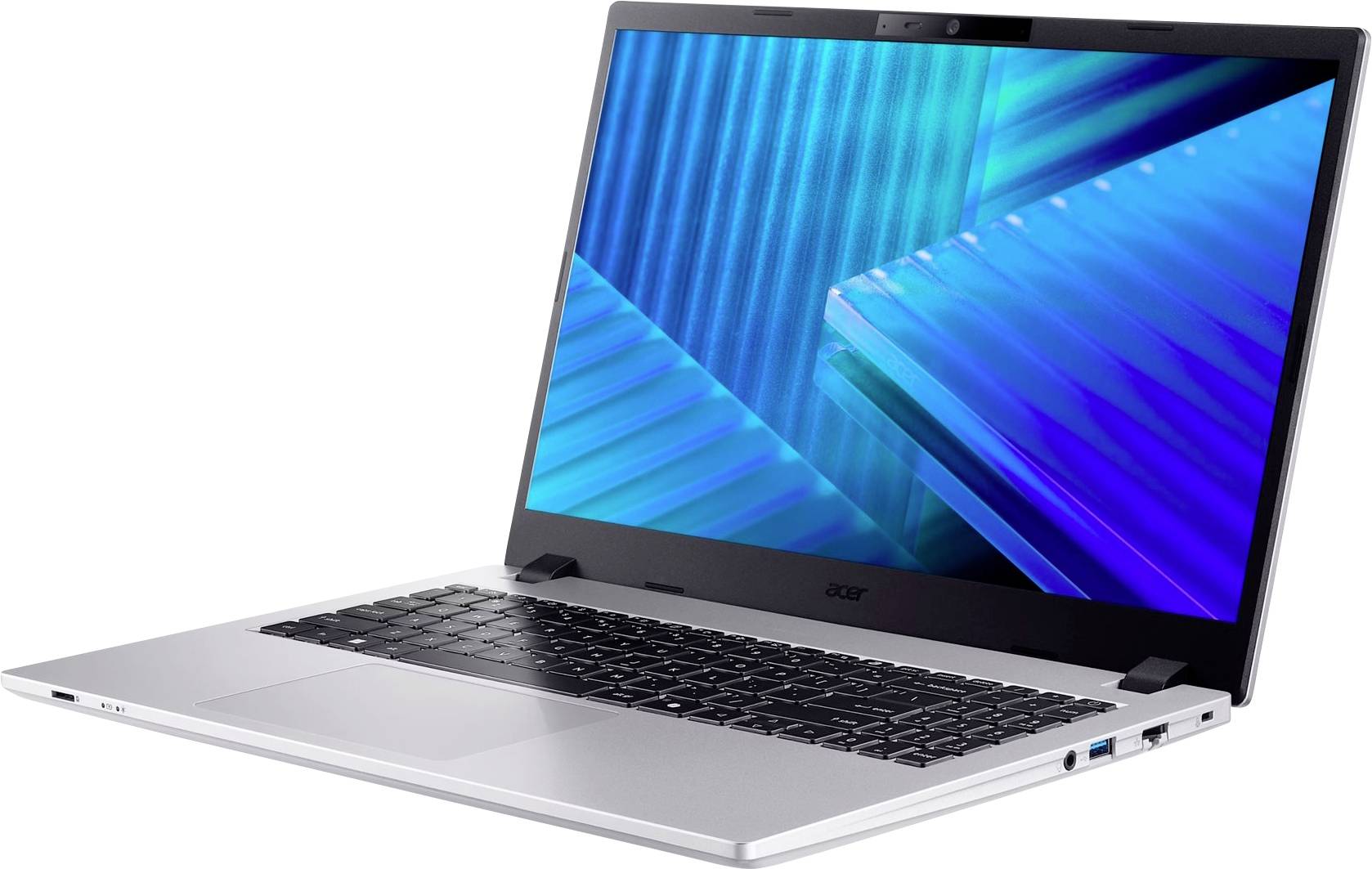 Un ordinateur portable Acer argenté montré ouvert sous un angle avec un fond d'écran abstrait bleu sur l'écran.