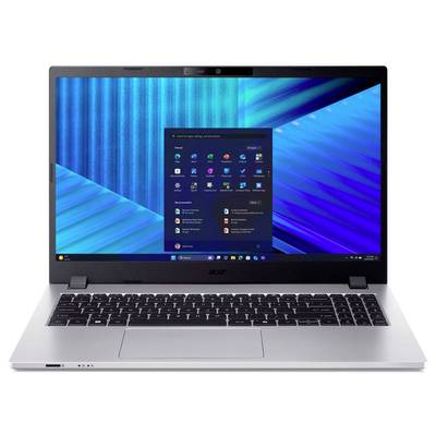 Un ordinateur portable Acer argenté affichant le menu Démarrage de Windows 11 sur un fond d'écran abstrait bleu.