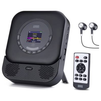 Lecteur CD audio portable/radiocassette montré avec des écouteurs filaires et une télécommande sur fond blanc.