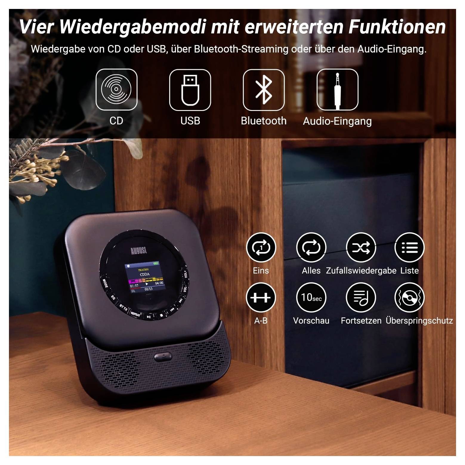 Deutsches Werbebild eines kompakten CD-Abspielgeräts mit vier Wiedergabemodi: CD, USB, Bluetooth und Audioeingang, sowie Symbole für Wiederholung, Zufallswiedergabe, Liste und Sprungschutz.