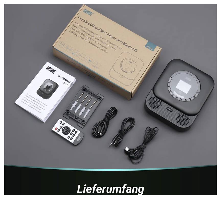 Lecteur de CD et MP3 portable avec Bluetooth présenté avec sa boîte, manuel d'utilisateur, télécommande, écouteurs, câble de charge et accessoires.