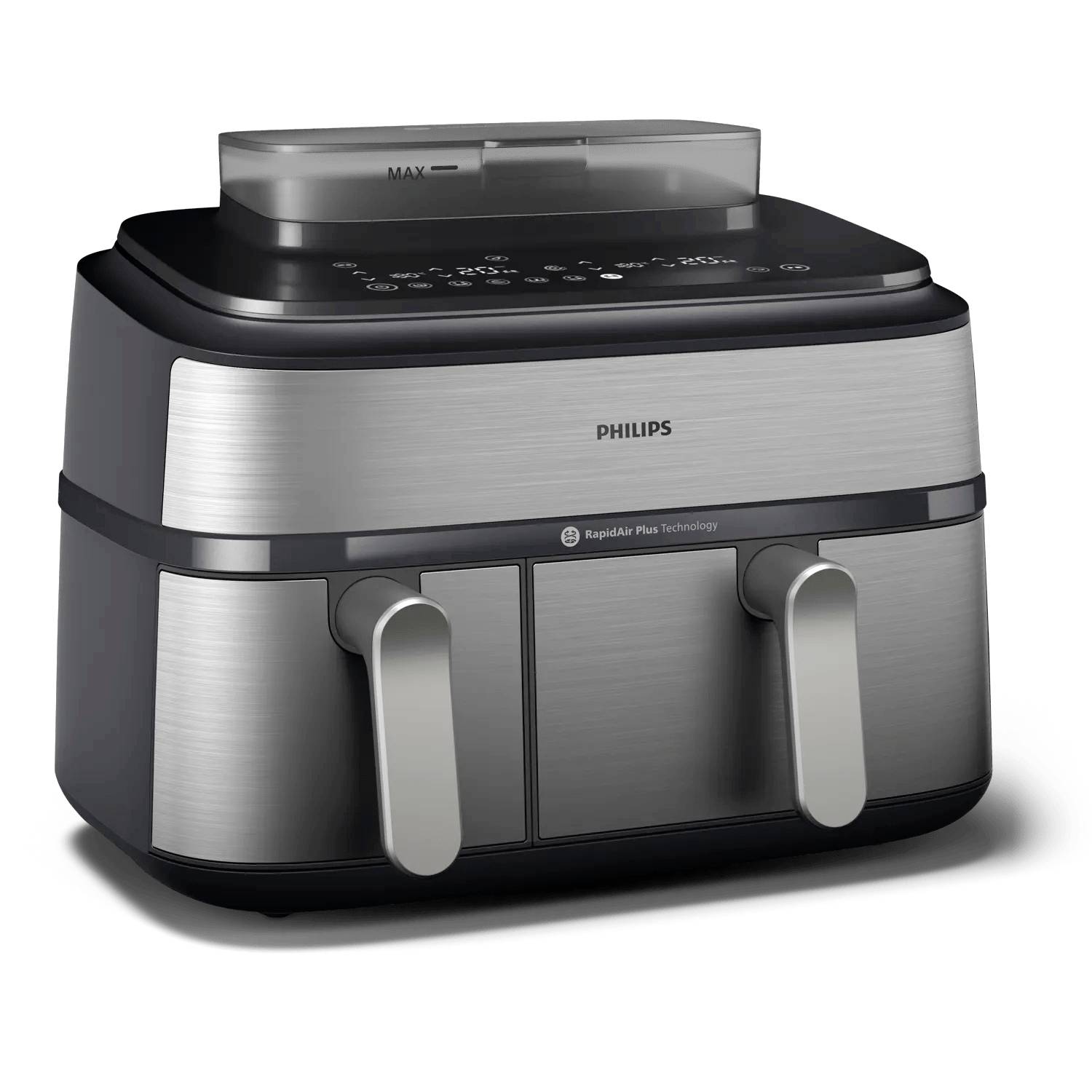 Friteuse à air à deux paniers en acier inoxydable Philips avec commandes numériques et deux poignées avant, présentée sur fond blanc.