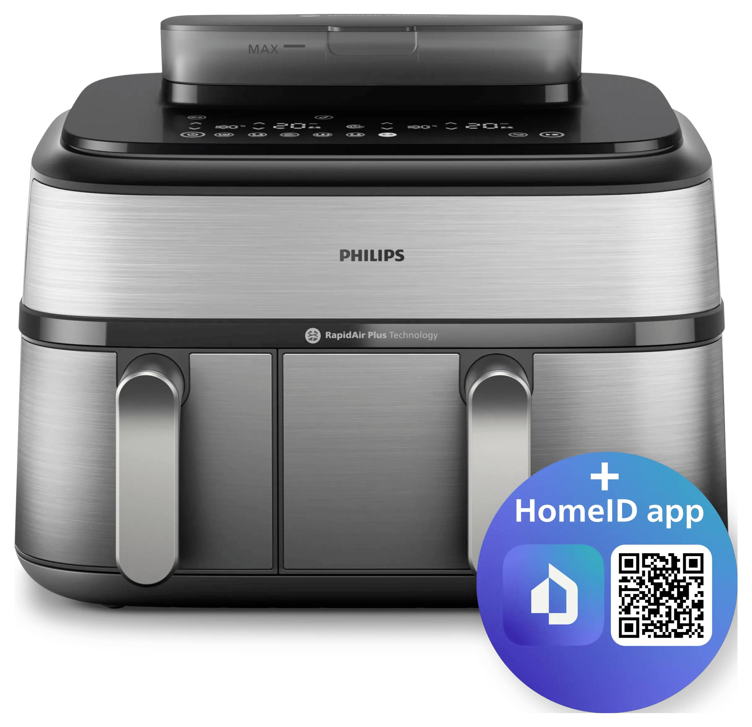 Friteuse à air chaud Philips à double panier avec commandes numériques et badge code QR de l'application HomeID.