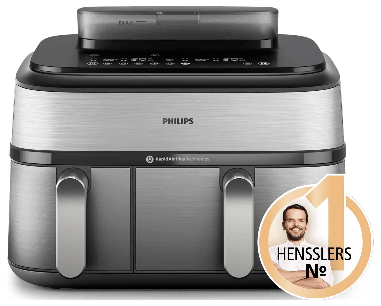 Friteuse à air chaud Philips à double panier avec commandes numériques et badge de prix « HENSSLERS No 1 » superposé.